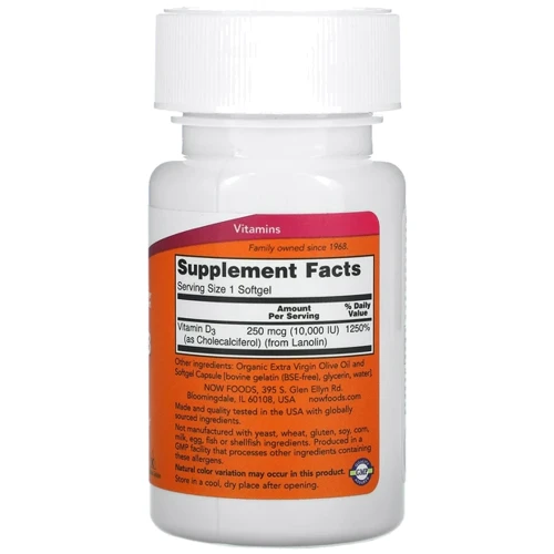 Now Foods Vitamin D3 витамин D3 250 мкг 10 000 МЕ 240 капсул: Тип Витамин D