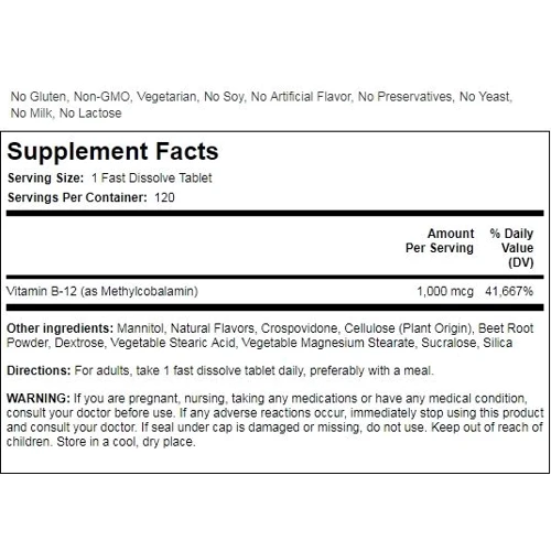 Piping Rock Vitamin B-12 (Sublingual) 1000 mcg 120 tabs Витамин В-12 (Метилкобаламин): Тип Витамин B