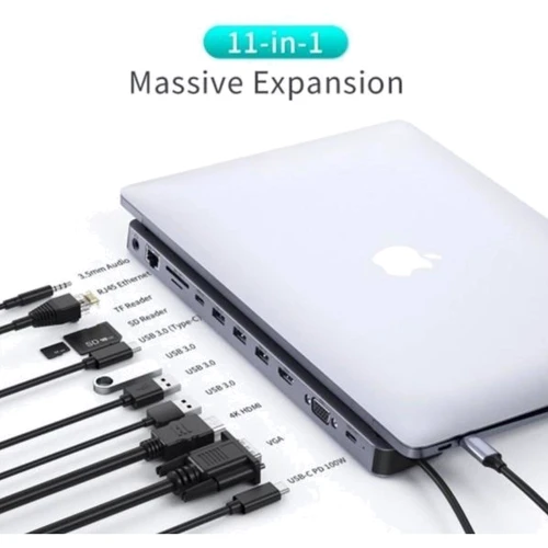 Адаптер Choetech Adapter 11-in-1 USB-C to USB-C+3xUSB3.0+HDMI+SD+3.5mm+RJ45+VGA Gray (HUB-M20): Додаткові роз'єми 3.5mm Headphone, VGA, Ethernet, SD+TF Card, HDMI