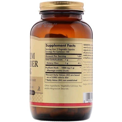 Solgar Psyllium Husks Fiber, 500 mg, 200 Vegetable Capsules (SOL-02315)