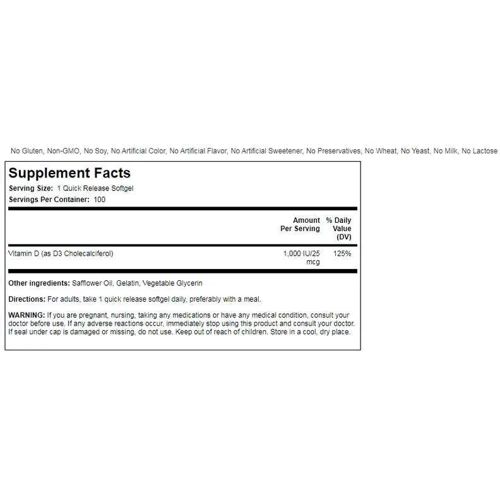 Piping Rock High Potency Vitamin D3 1000 IU, 100 Softgels: Тип Витамин D