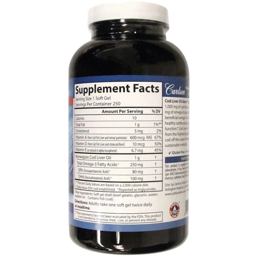 Carlson Labs Cod Liver Oil Gems 1000 mg 100 Soft Gels Рыбий жир из печени трески: Тип Омега 3