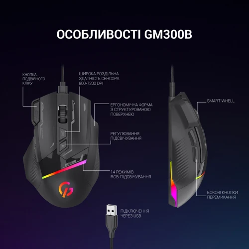 Мишка GamePro GM300B Black: Довжина кабелю 1.5 м