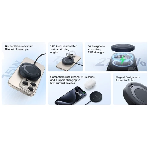 Зарядний пристрій Baseus Wireless Charging Magnetic Mini4 Stand Qi2 15W Black (P10273300121-00) для Apple iPhone 16 I 15 I 14 I 13 I 12 series фото 6