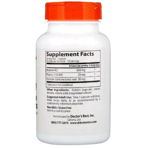 Doctor's Best Betaine HCL Pepsin And Gentian Bitters Бетаин гідрохлорид і пепсин 120 капсул: Тип Бетаина гидрохлорид