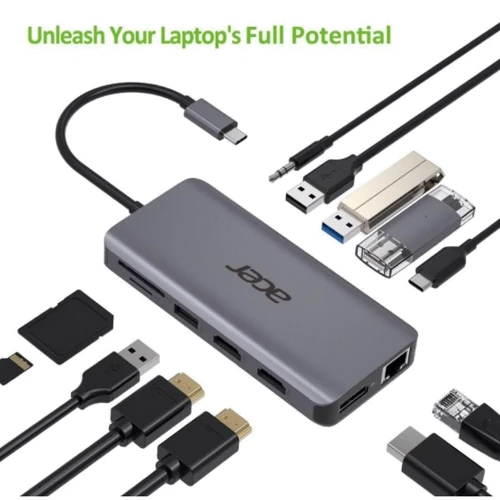 Адаптер Acer Adapter USB-С to 4xUSB+SD+TF+2xHDMI+DisplayPort+RJ45+3.5mm Grey (HP.DSCAB.009): Цвет серый