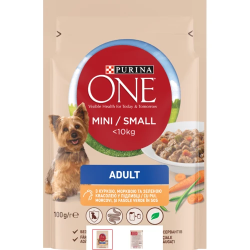 Влажный корм Purina ONE mini Adult для собак c курицей, морковью и зеленой фасолью в подливе 20x100 г