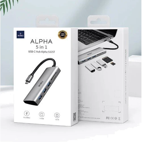 Адаптер WIWU Adapter Alpha 532ST USB-C to USB-C+3xUSB3.0+SD Grey: Дополнительные разъемы USB OTG, SD+TF Card