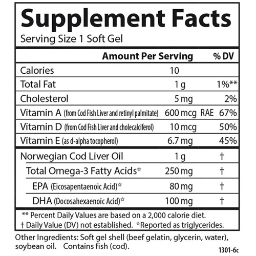 Carlson Labs Wild Norwegian Cod Liver Oil Gems Super 1000 mg 250 Soft Gels Рыбий жир из печени трески: Тип Омега 3