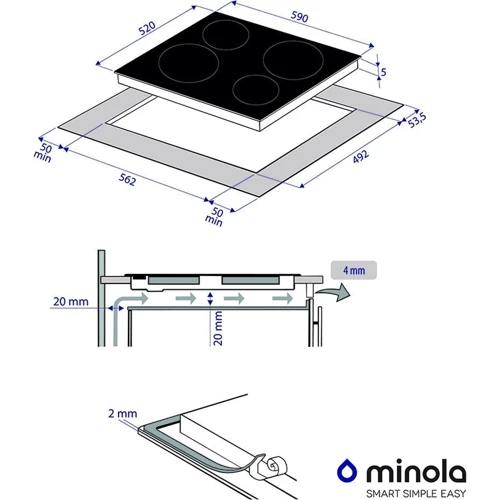 Варильна поверхня електрична Minola MVH 6032 GBL: Розміри для вбудовування 5.2x56.2x49.2 см