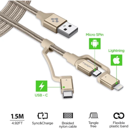 Кабель Spigen USB Cable to Lightning/microUSB/USB-C Essential C10i3 1.5m Gold (000CB23018) фото 3