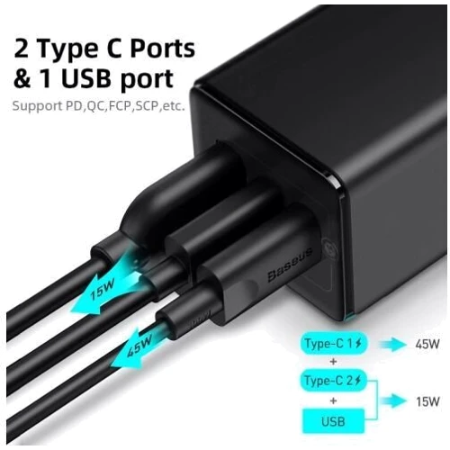 Зарядний пристрій Baseus Wall Charger GaN2 2xUSB-C+USB 65W Black with USB-C Cable (CCGAN2P-B01) фото 11