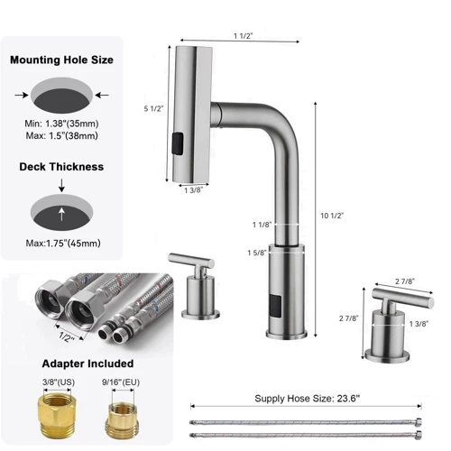 Смеситель для раковины Lefton Two-Handle Widespread Waterfall & Pull-Out Bathroom Faucet with Temperature Display-BFWS2401 Brushed Nickel фото 12