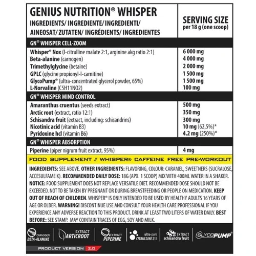 Предтренировочный комплекс Genius Nutrition Whisper 400 g / 22 servings / Cola: Тип Комплекс до тренировки