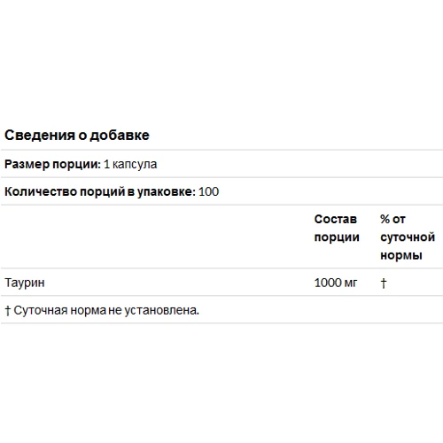Jarrow Formulas Taurine 1000 mg 100 Caps (JRW-15020): Тип таурин