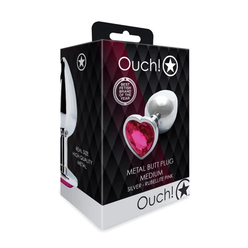 Металлическая анальная пробка Ouch! Heart Gem Silver - Rubellite Pink, М