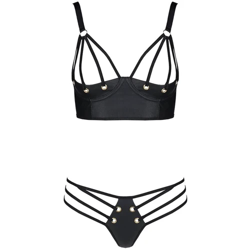 Комплект из эко-кожи с люверсами и ремешками Malwia Bikini black 4XL/5XL — Passion, бра и трусики