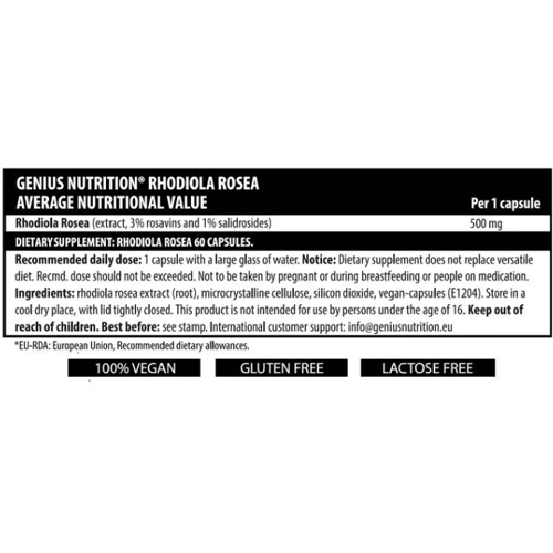 Genius Nutrition Rhodiola Rosea Родіола Рожева 60 капсул: Стать Унисекс
