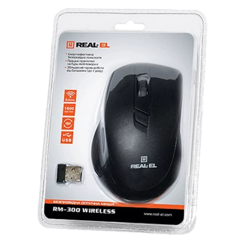 Мишка REAL-EL RM-300 black-grey: інтерфейс підключення Wireless (радіо інтерфейс)
