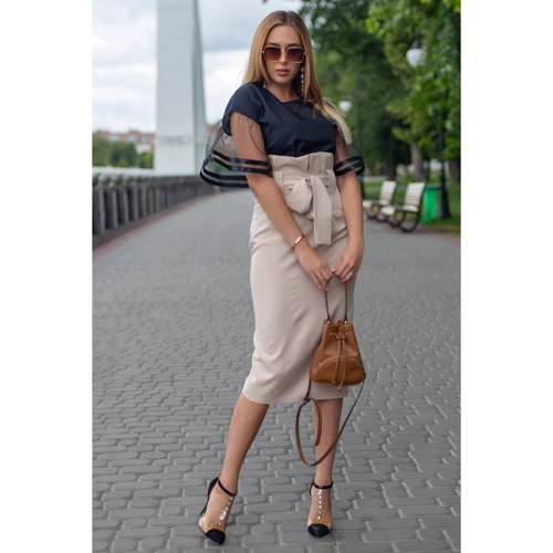 Спідниця FLFashion Бейліс Хюб 3131 42 бежева олівець подовжена міді: Фасон олівець