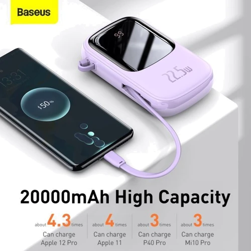 Зовнішній акумулятор Baseus Power Bank 20000mAh з USB-C Cable Q Pow Display 22.5W Purple (PPQD-I05) фото 12
