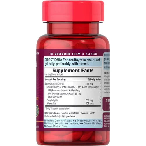 Puritan's Pride Red Krill Oil 500 mg Масло червоного криля 30 гелевих капсул: Тип Масло криля