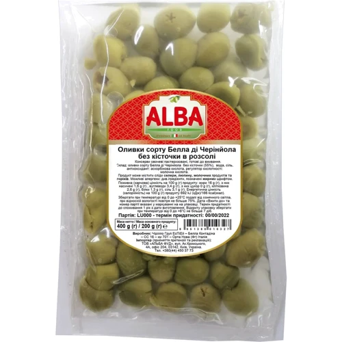 Оливки ALBA FOOD зеленые без косточки Белла ди Чериньола 400 г (8051380010327)