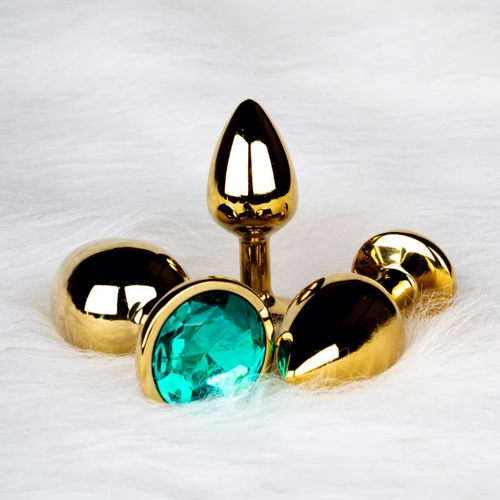 Металлическая анальная пробка Ouch! Heart Gem Gold - Emerald Green, S