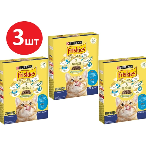 

Сухой корм Friskies Sterilized для взрослых кошек после стерилизации с лососем, тунцом и овощами 3х270 г (7613035352346)