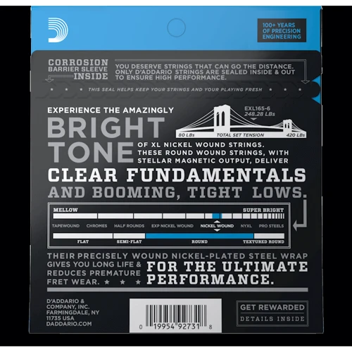 Струна для гитар Набор струн D'addario EXL165-6 XL Nickel Wound Bass Regular Light Top / Medium Bottom 6-String (32-135): Назначение Для бас-гитары