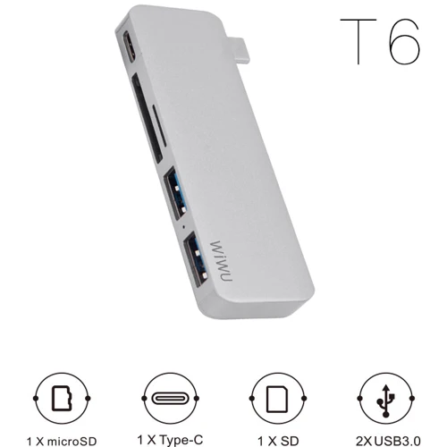 Адаптер WIWU Adapter T6 USB-C to USB-C+SD+2xUSB3.0 HUB Gray: Цвет серый