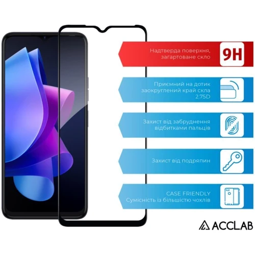 Аксессуар для смартфона ACCLAB Tempered Glass Full Glue Black for Tecno Spark 10: Тип защитное стекло