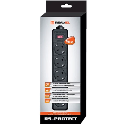 Сетевой фильтр REAL-EL RS-PROTECT 5m, black (EL122300012): Количество розеток, шт 5