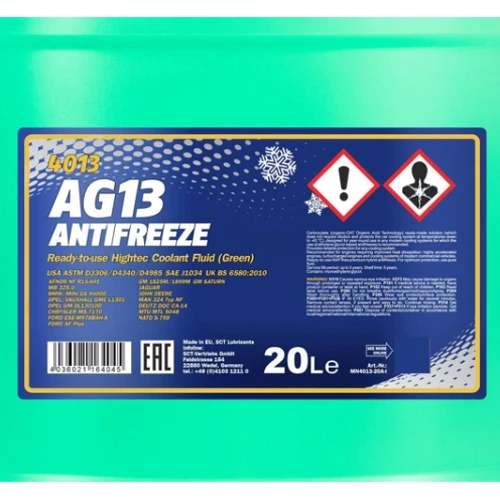 Антифриз Mannol 4013 Longterm Antifreeze AG13 -40°C 20л зеленый готовый раствор (MN4013-20) фото 1