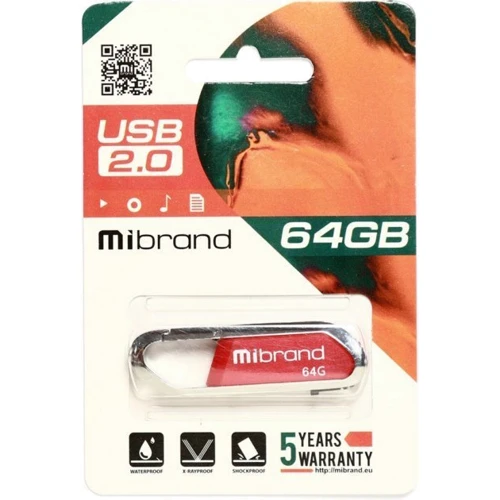 USB-флешка Mibrand 64GB Aligator Red USB 2.0 (MI2.0/AL64U7DR): Объем памяти 64 GB