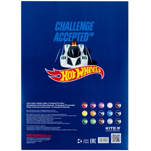 Бумага цветная Kite Hot Wheels А4 двусторонняя 15 листов 15 цветов (HW24-250) фото 2