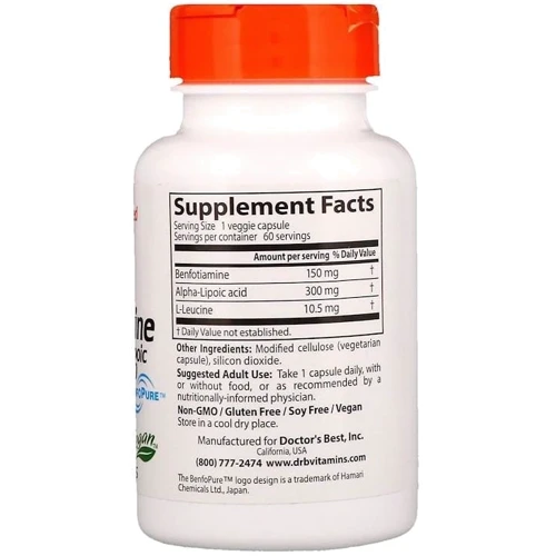 Doctor's Best Best Benfotiamine 150 + Alpha-Lipoic Acid 300 60 Veggie Caps Альфа-ліпоєва кислота + Бенфотіамін: Форма випуску капсули