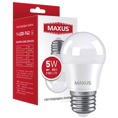 

Светодиодная лампа Maxus G45 5W 4100K 220V E27 (1-LED-742)