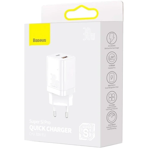 Зарядное устройство Baseus Wall Charger USB+USB-C Super Si Pro 30W White (CCSUPP-E02): Количество USB-портов 2