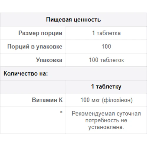 Puritan's Pride Vitamin K 100 mcg 100 tabs: Тип Витамин K