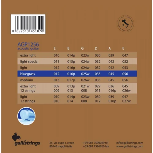 Струна для гитар Струны для акустической гитары Gallistrings AGP1256 BLUEGRASS: Назначение Для акустической гитары