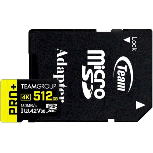 Карта памяти Team 512GB microSDXC UHS-I U3 A2 V30 PRO+ + adapter (TPPMSDX512GIA2V3003)