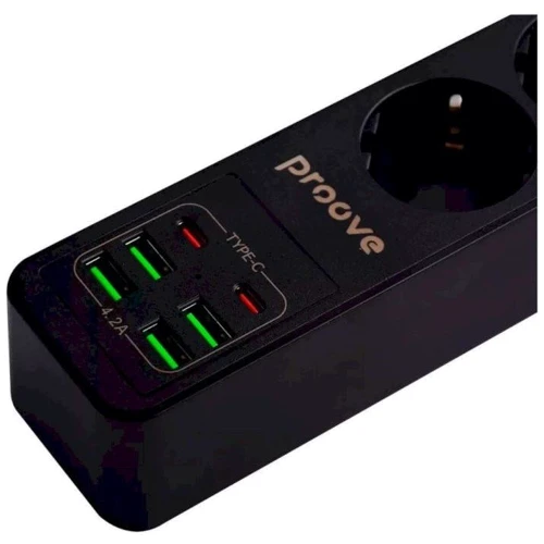 Сетевой фильтр Proove Power Socket P-03 (3 розетки + 4 USB + 2 Type-C) 2М black: Количество розеток, шт 3