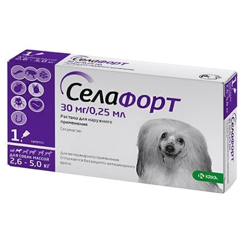 Капли на холку Селафорт KRKA от блох клещей и гельминтов для собак 30мг/0.25мл 2.6-5 кг (3838989724573)