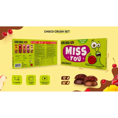 Набор конфет Bob Snail Choco Crush Set с подарочной открыткой 5х30 г: Вкус Яблоко, Манго, Малина, Клубника, Груша, Вишня