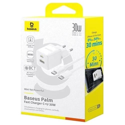 Зарядний пристрій Baseus Wall Charger Palm USB-C+USB 30W White with USB-C Cable (P1011160A213-01) фото 14