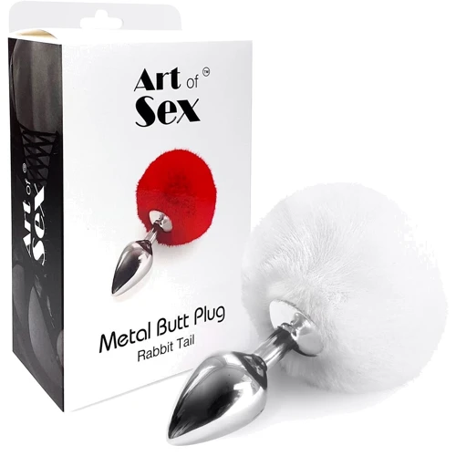 Металлическая анальная пробка М Art of Sex - Metal Butt plug Rabbit Tail, белый