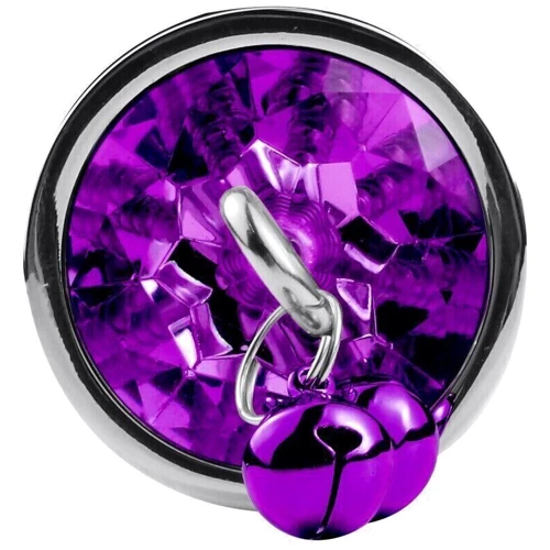 Анальная пробка с кристаллом, колокольчиком и поводком Silver Purple (размер S)