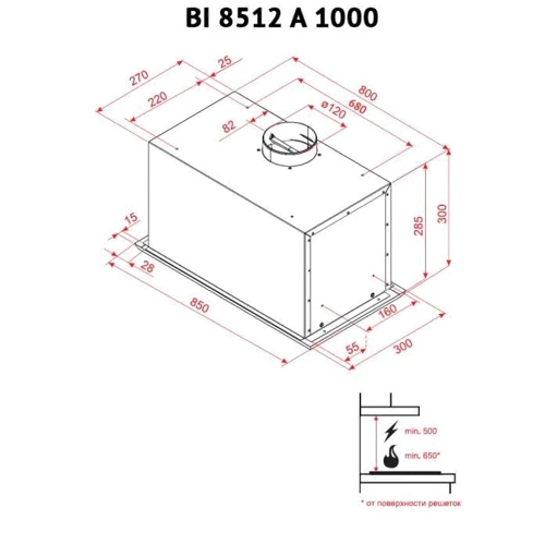 Вытяжка Perfelli BI 8522 A 1000 I LED: Рекомендуемая площадь помещения (при высоте 2,7 м), м² более 28,5