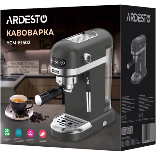 Кофеварка Ardesto YCM-E1502: Функции Подогрев чашек / кофейника, Защита от избыточного давления, Защита от перегрева, Предварительное смачивание, Приготовление одной чашки кофе